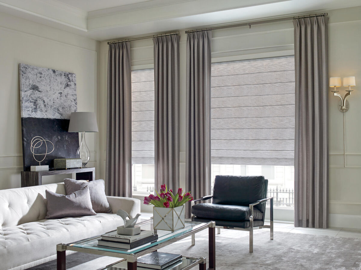 Drapes with Roman Shades for Living Rooms